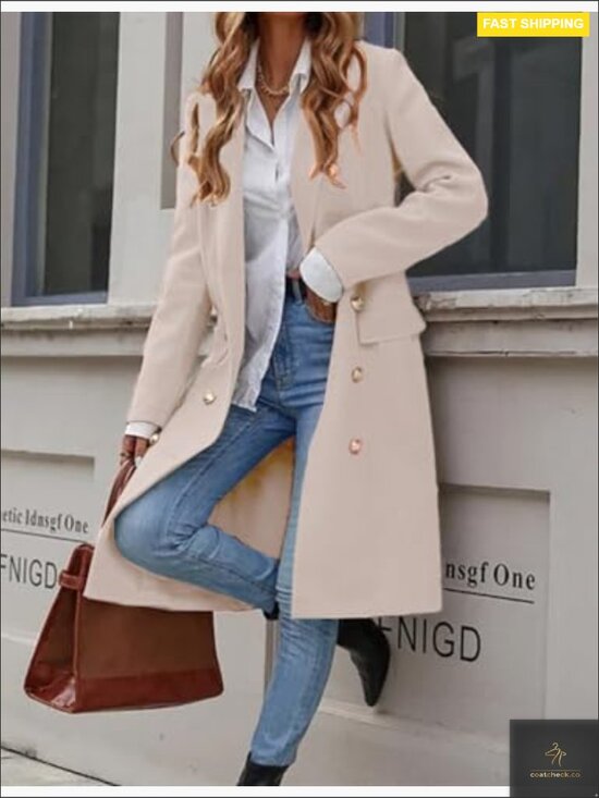Long Wool Trench Coat Classic Double Breasted Pea Coat Fall Winter Chic - Picture 4 of 6